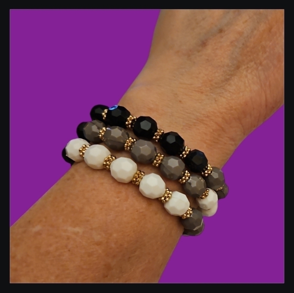 3/$30 Stackable Monochrome Acrylic Beaded Stretch Bracelets